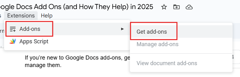 Locating add-ons menu in Google Docs.