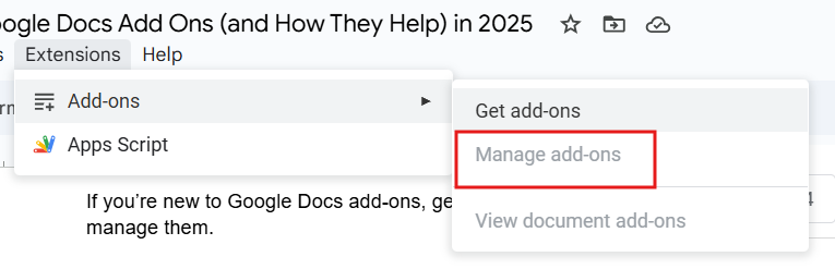 Managing add-ons in Google Docs.