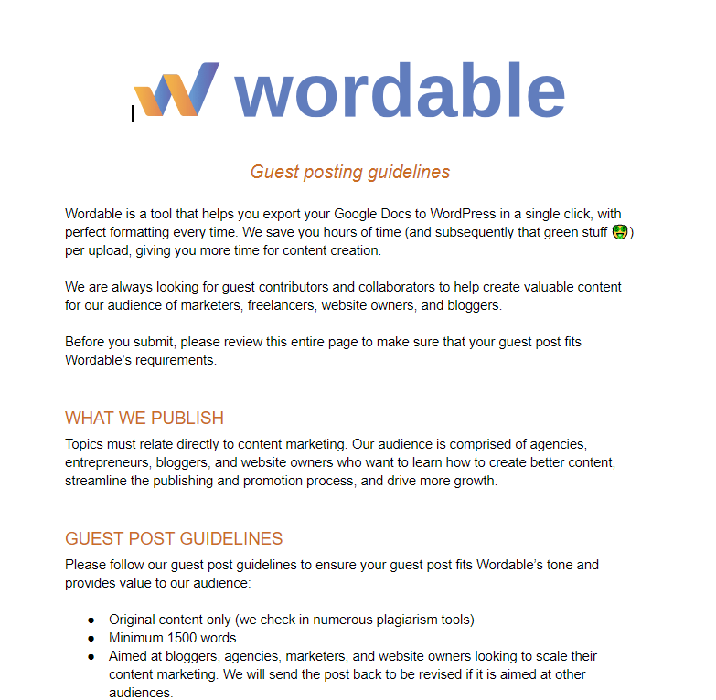 guest post guidelines A screenshot showing guest post guidelines from Wordable.