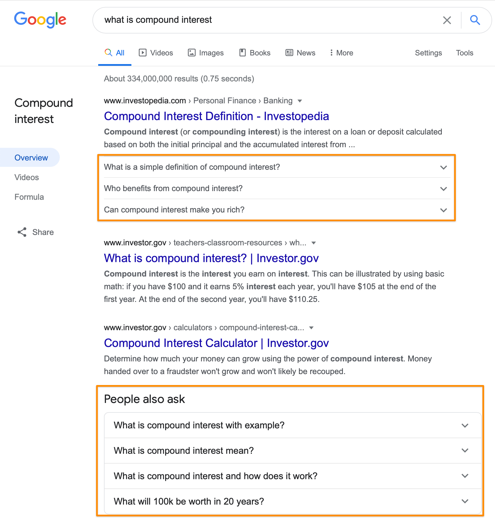 screenshot of keyword search result