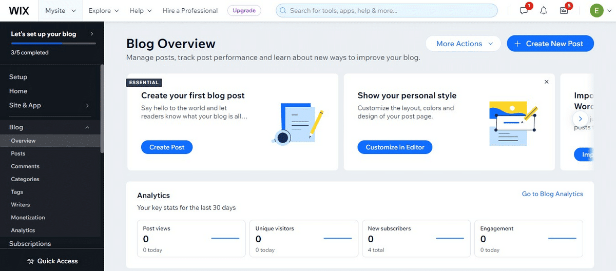 screenshot of Wix user dashboard