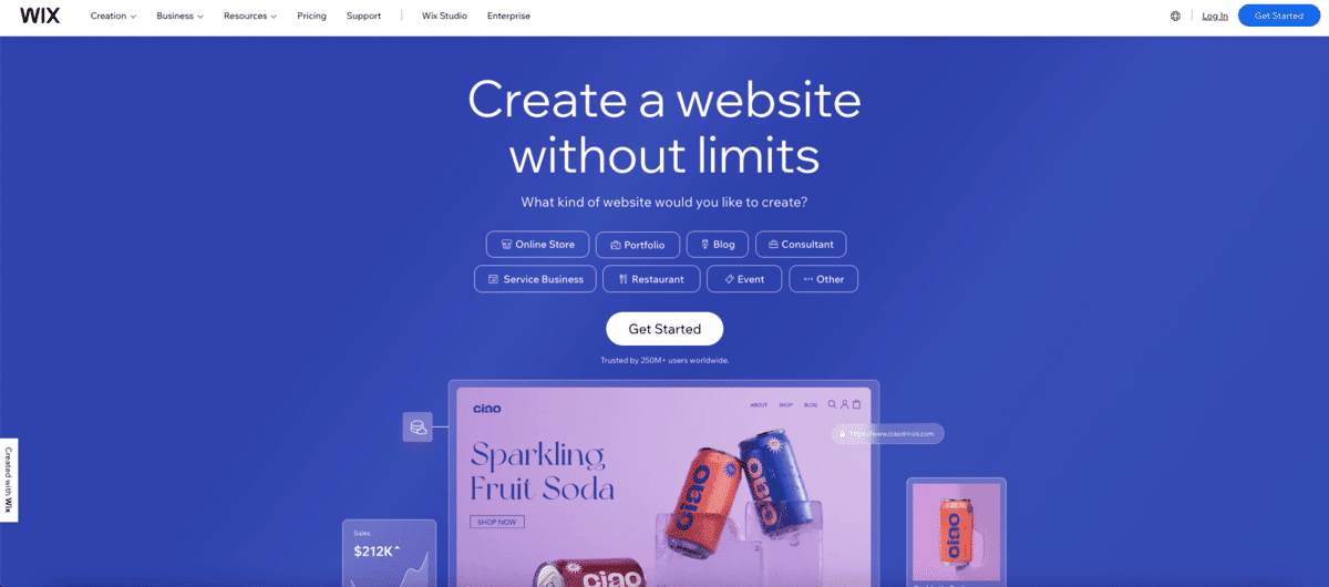Screenshot of the Wix CMS website homepage