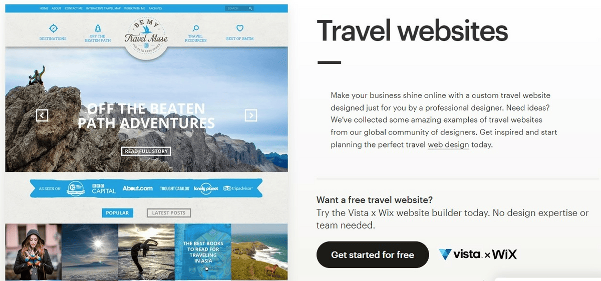 screenshot of Vista x Wix travel website design home page