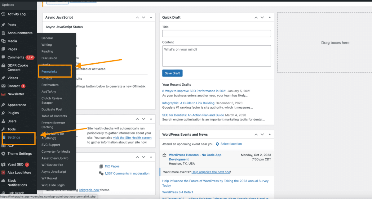 screenshot of WordPress dashboard showing how to navigate to custom Permalink settings