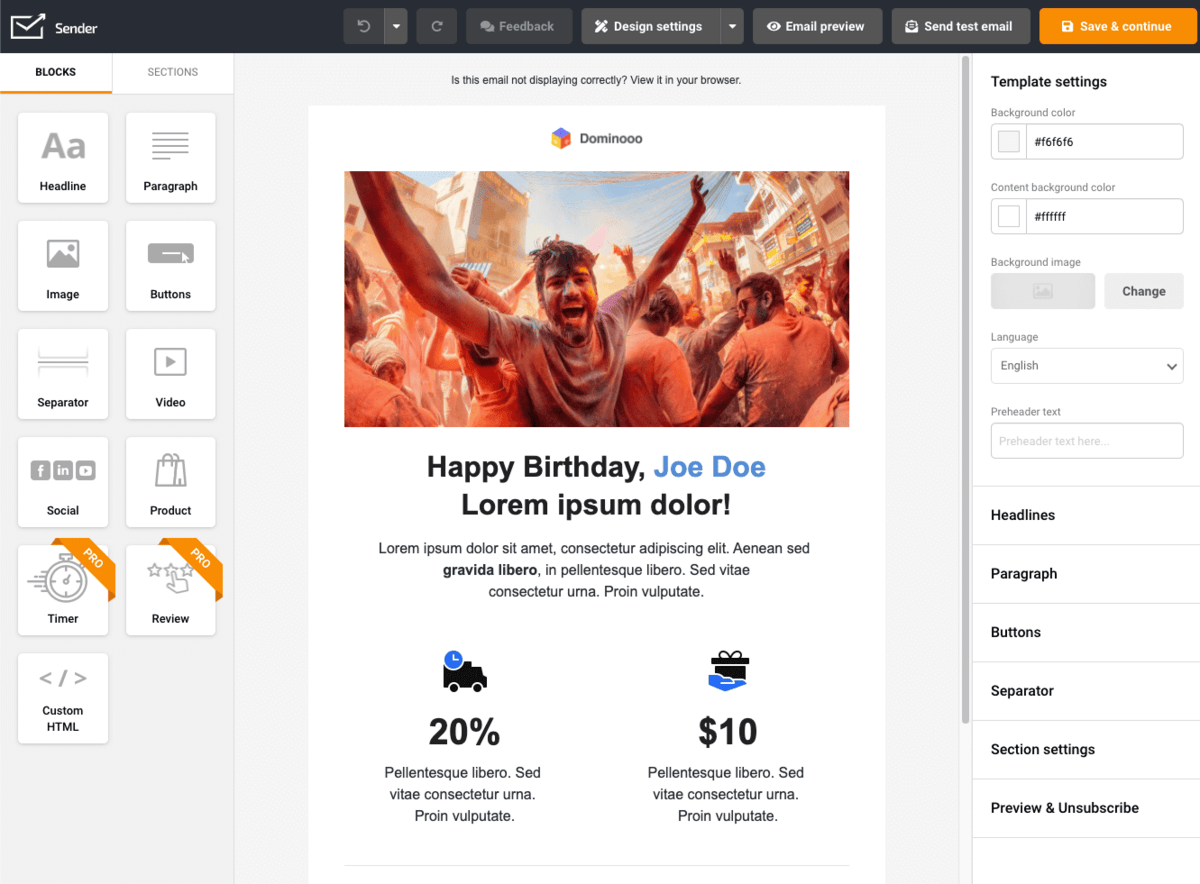 Editable template with different elements using Sender's drag-and-drop email builder.