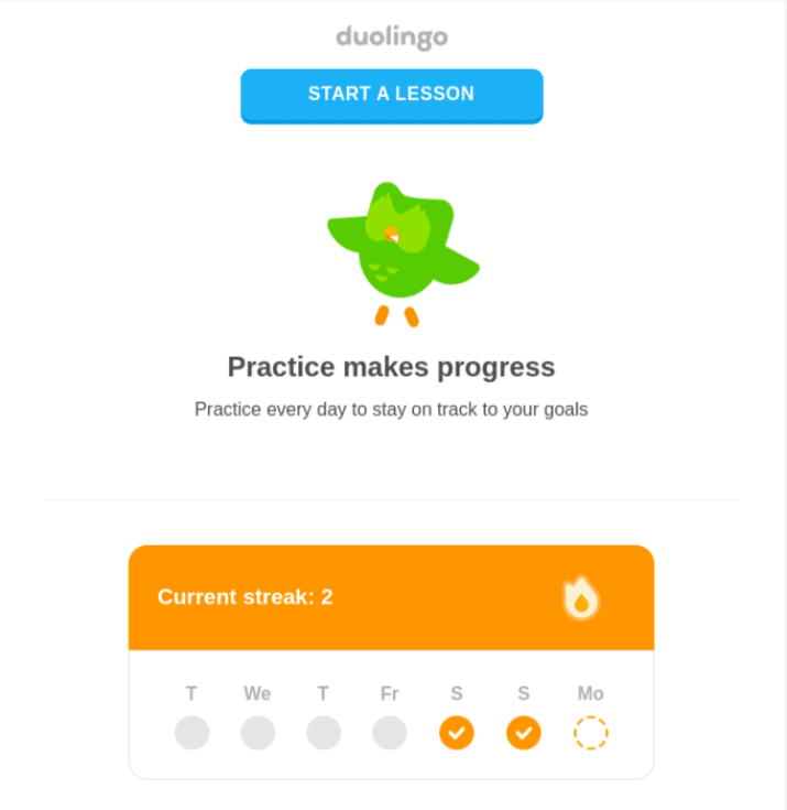Dynamic email from Duolingo showing a user's current learning streak.