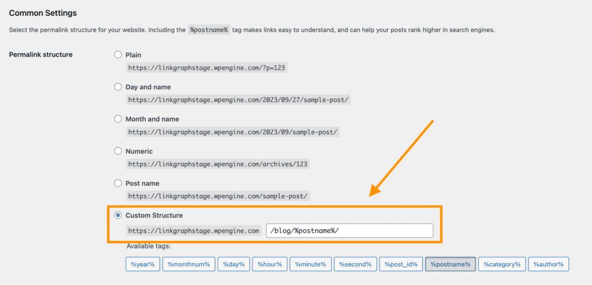 screenshot of WordPress custom settings showing custom structure for permalinks
