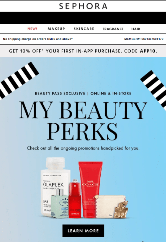 Dynamic email from Sephora showing different beauty products.