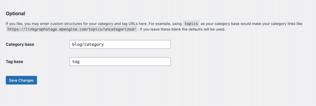 screenshot showing Permalinks tab in WordPress settings