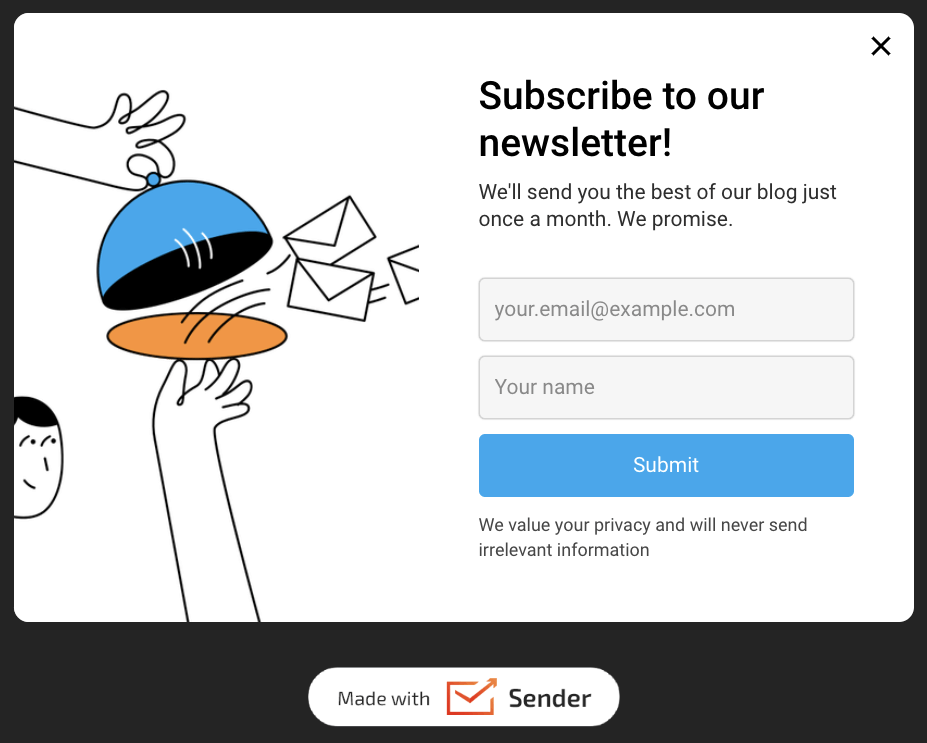 Simple signup form in Sender's drag-and-drop builder.