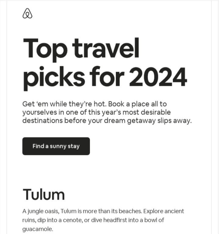 Dynamic email from Airbnb recommending different places to visit in 2024.